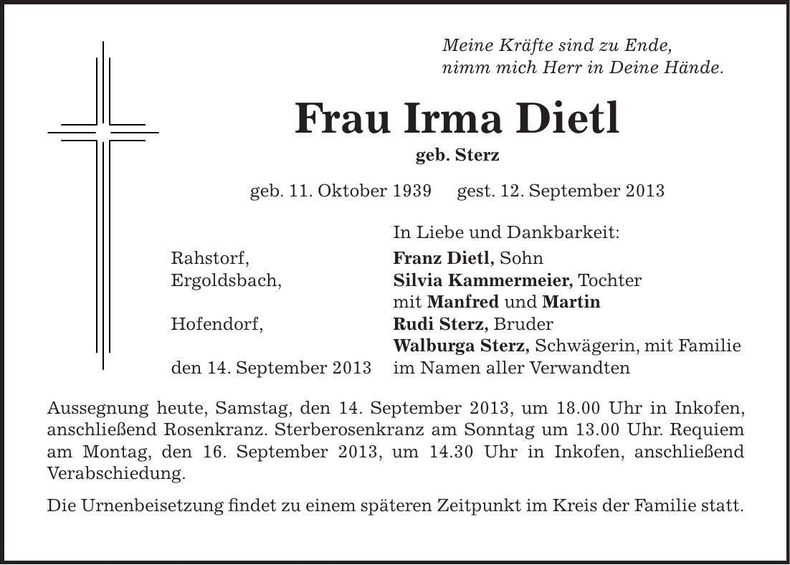 Traueranzeige Irma Dietl