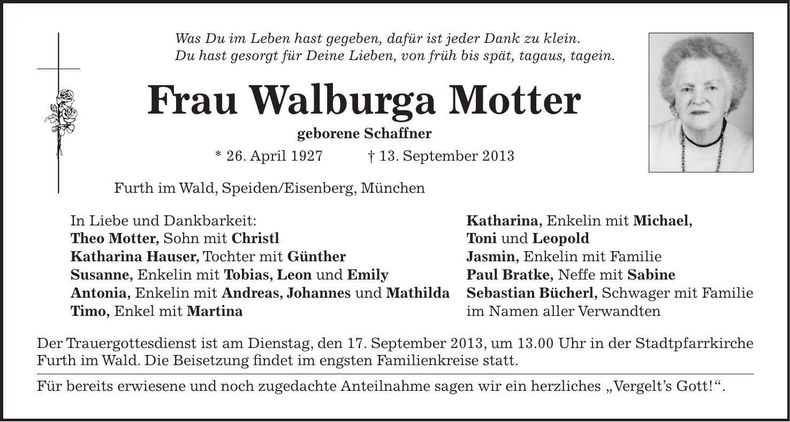 Traueranzeige Walburga Motter