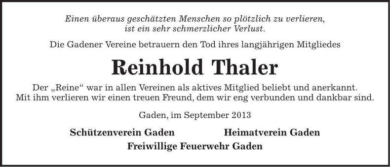 Traueranzeige Reinhold Thaler