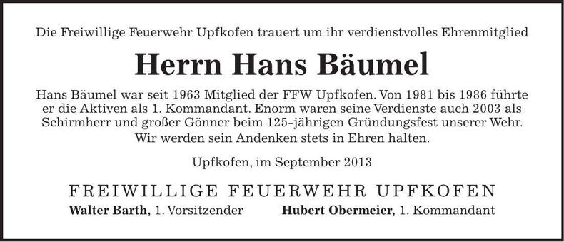 Traueranzeige Hans Bäumel