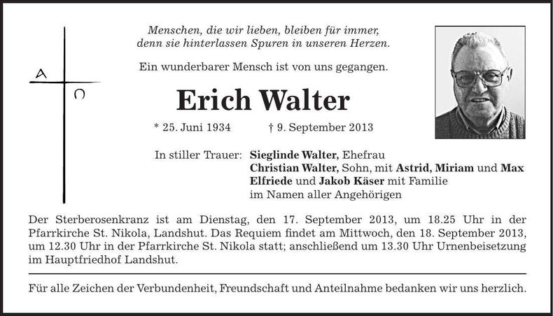 Traueranzeige Erich Walter