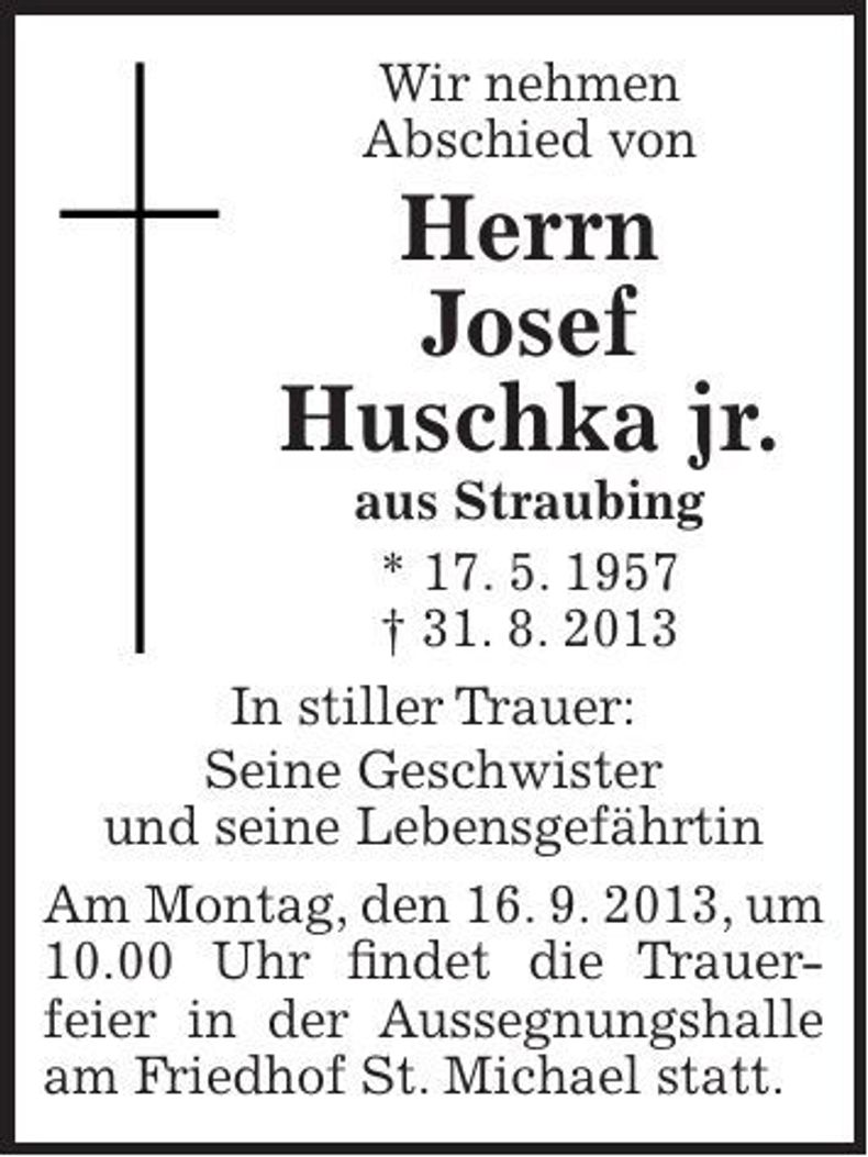 Traueranzeige Josef jr. Huschka