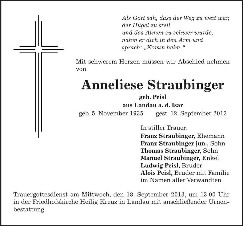 Traueranzeige Anneliese Straubinger