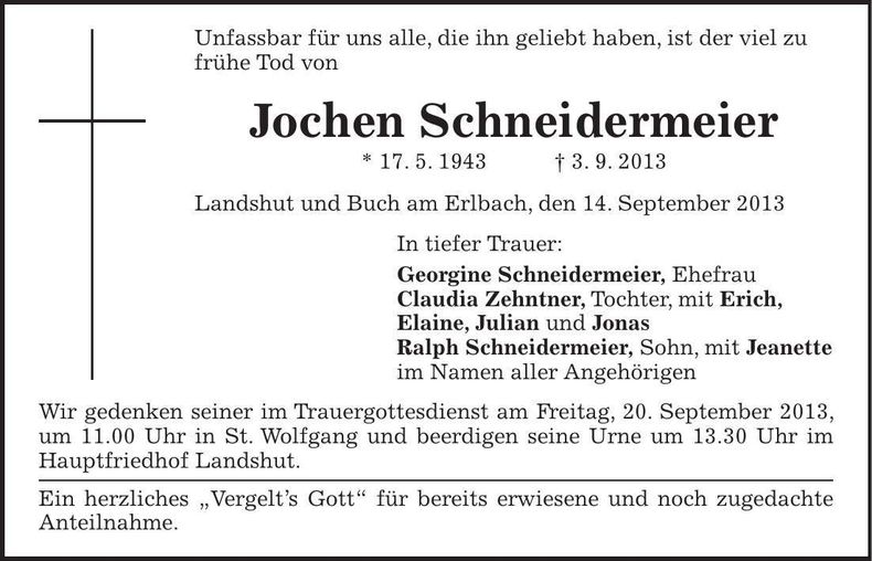 Traueranzeige Jochen Schneidermeier