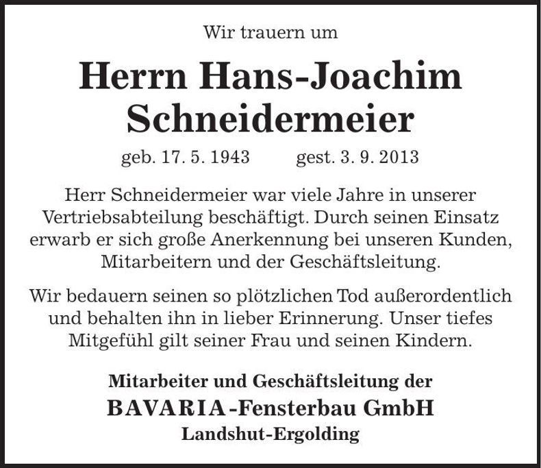 Traueranzeige Hans-Joachim Schneidermeier