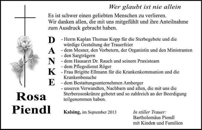 Traueranzeige Rosa Piendl
