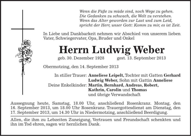 Traueranzeige Ludwig Weber