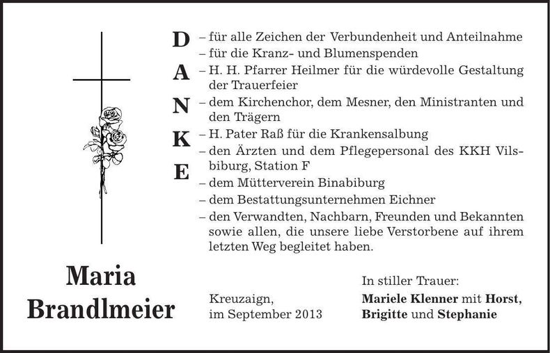 Traueranzeige Maria Brandlmeier