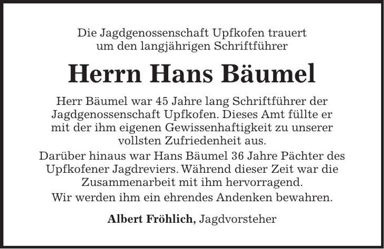 Traueranzeige Hans Bäumel
