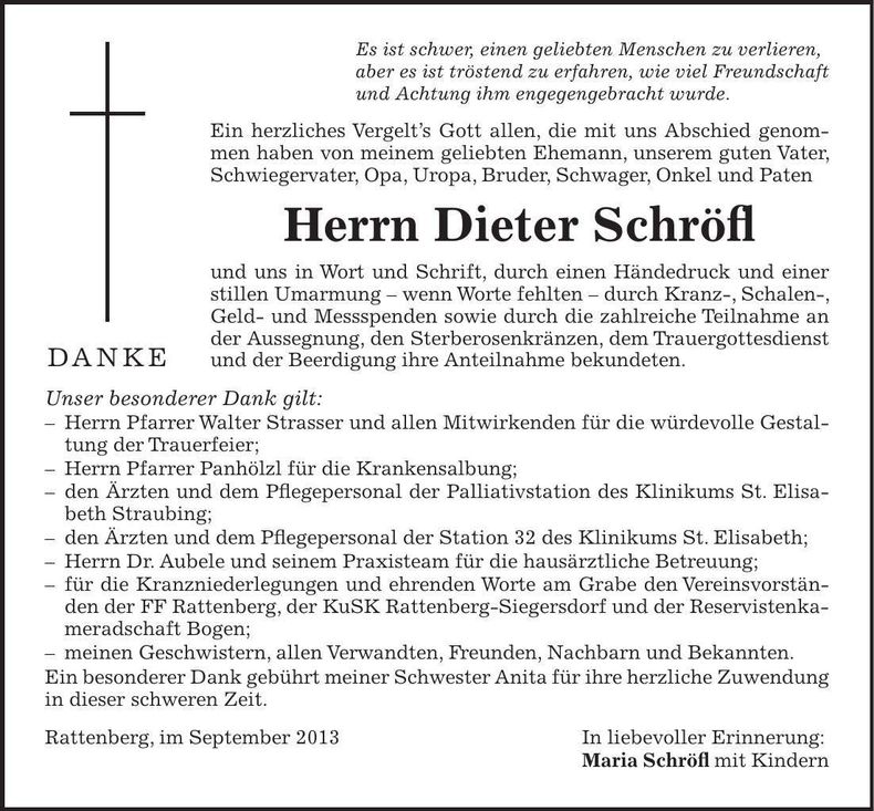 Traueranzeige Dieter Schröfl