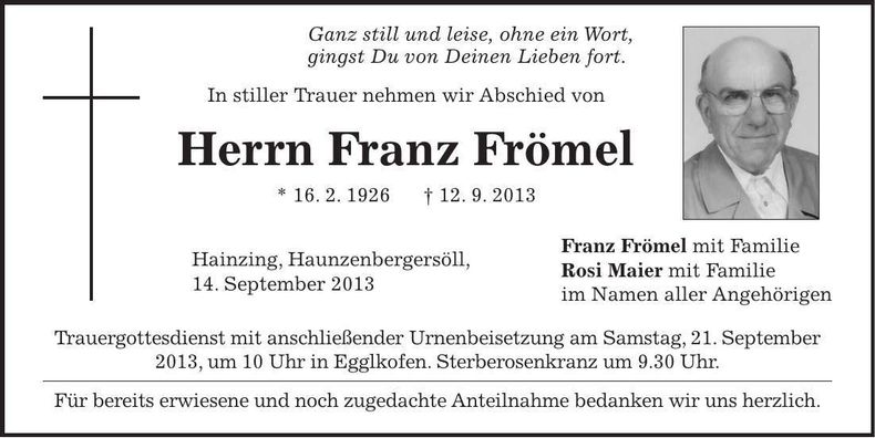 Traueranzeige Franz Frömel