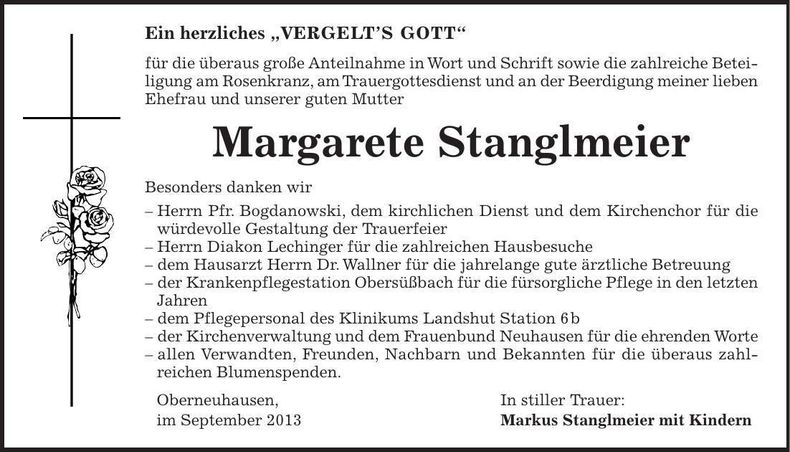 Traueranzeige Margarete Stanglmeier