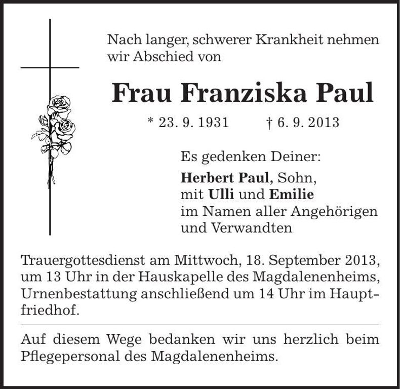 Traueranzeige Franziska Paul