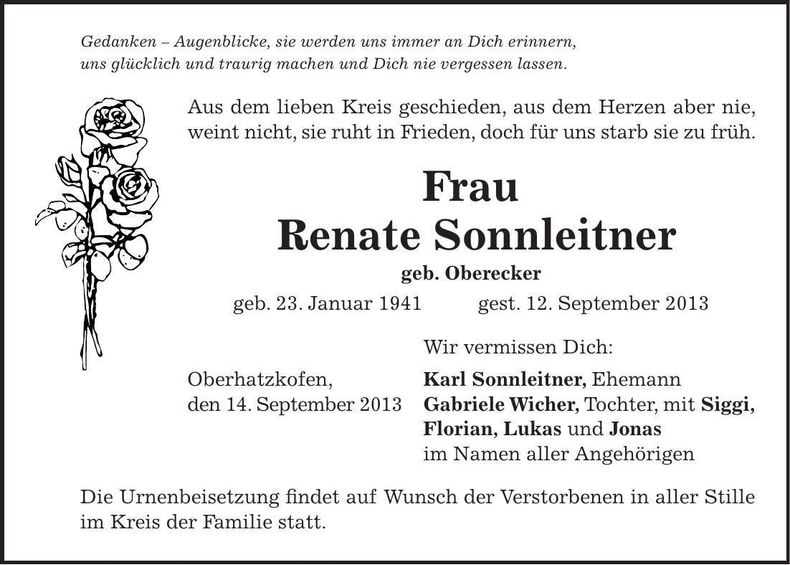 Traueranzeige Renate Sonnleitner