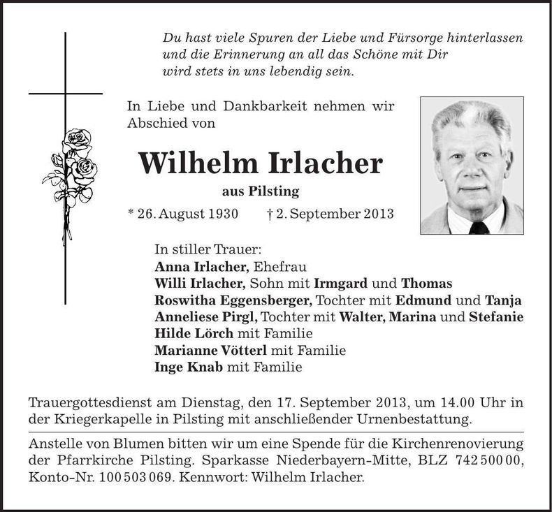 Traueranzeige Wilhelm Irlacher