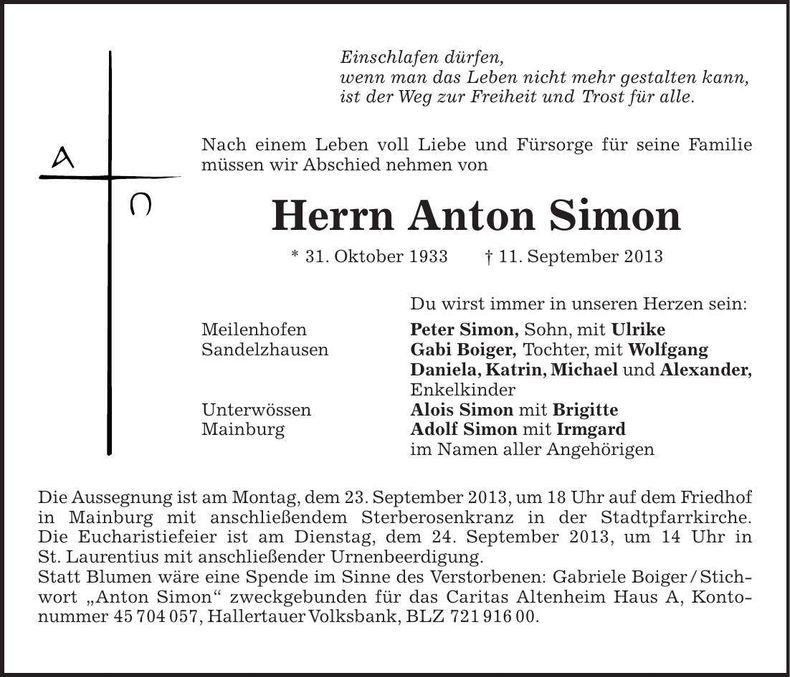 Traueranzeige Anton Simon