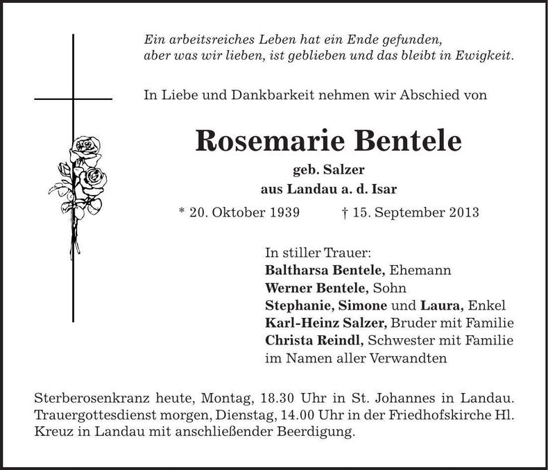 Traueranzeige Rosemarie Bentele