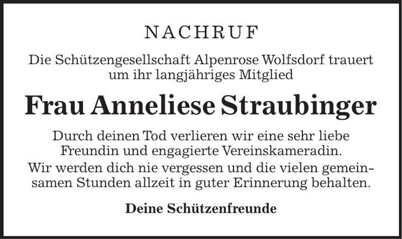 Traueranzeige Anneliese Straubinger