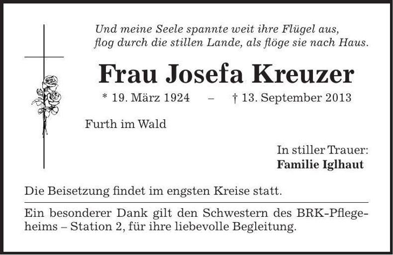 Traueranzeige Josefa Kreuzer