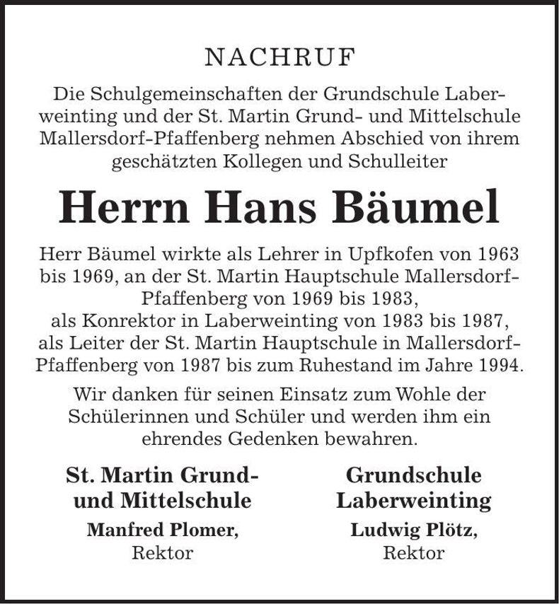 Traueranzeige Hans Bäumel