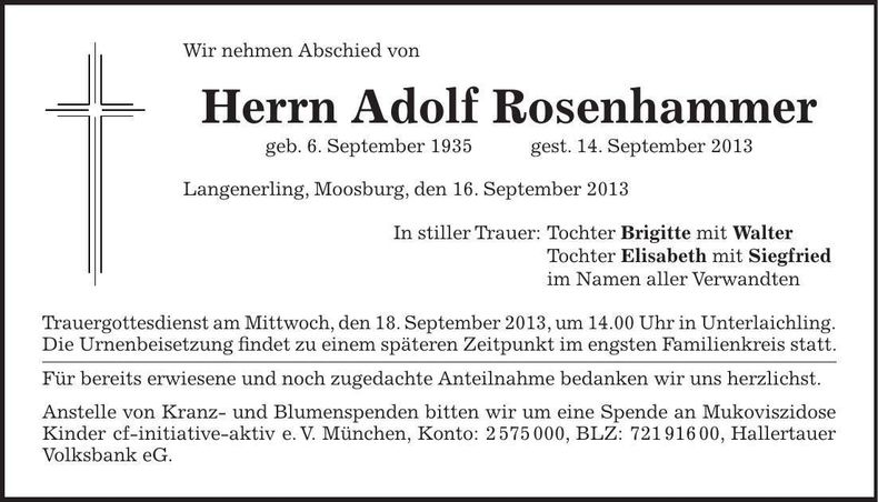 Traueranzeige Adolf Rosenhammer