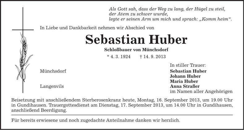 Traueranzeige Sebastian Huber
