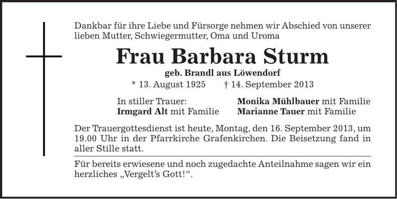 Traueranzeige Barbara Sturm