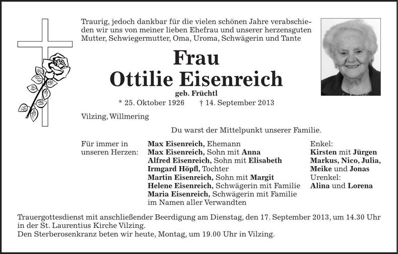 Traueranzeige Ottilie Eisenreich