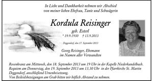 Traueranzeige Kordula Reisinger