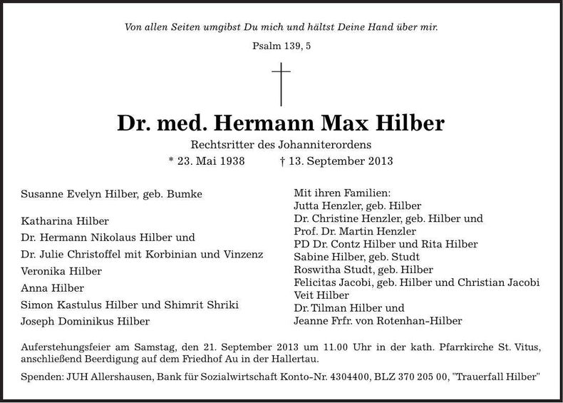 Traueranzeige Dr. med. Hermann Max Hilber