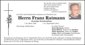 Traueranzeige Franz Ratmann