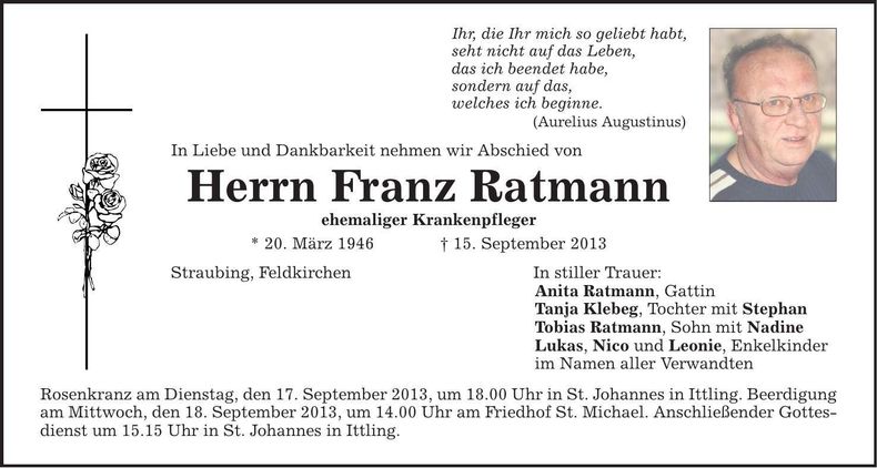 Traueranzeige Franz Ratmann