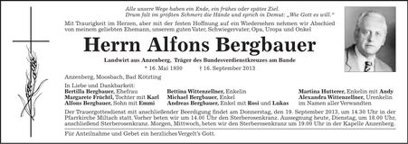 Traueranzeige Alfons Bergbauer
