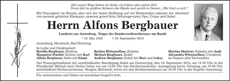 Traueranzeige Alfons Bergbauer