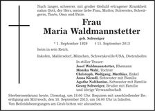 Traueranzeige Maria Waldmannstetter