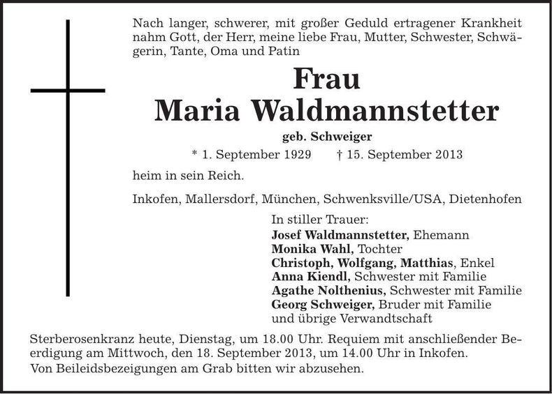 Traueranzeige Maria Waldmannstetter