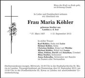 Traueranzeige Maria Köhler