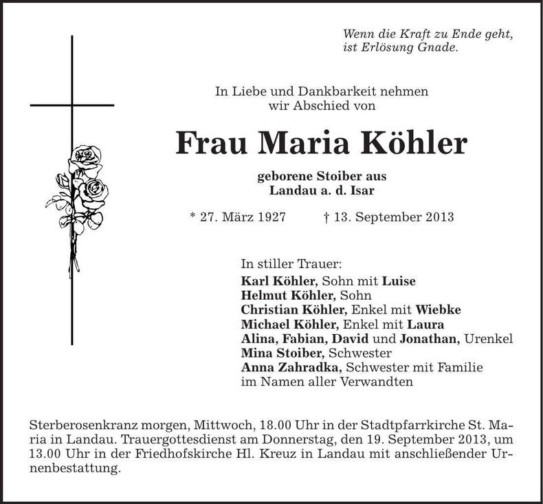 Traueranzeige Maria Köhler