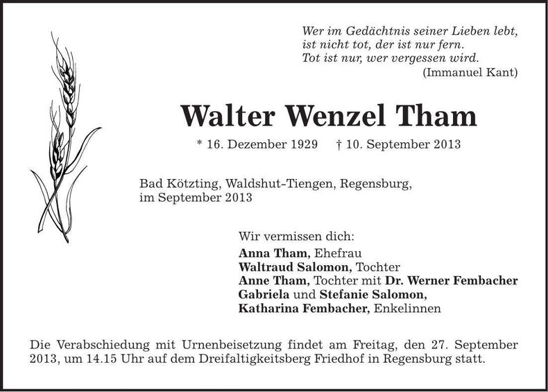Traueranzeige Walter Wenzel Tham