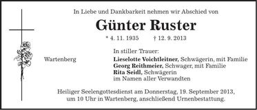 Traueranzeige Günter Ruster