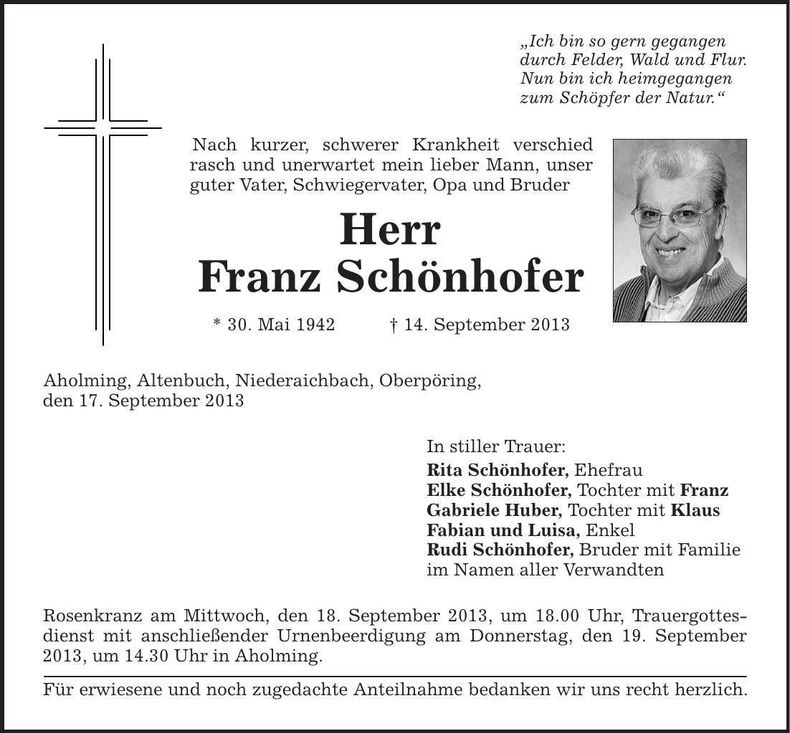 Traueranzeige Franz Schönhofer