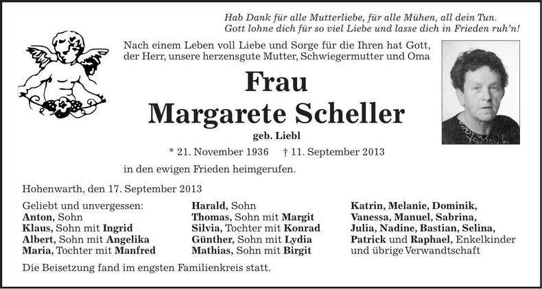 Traueranzeige Margarete Scheller