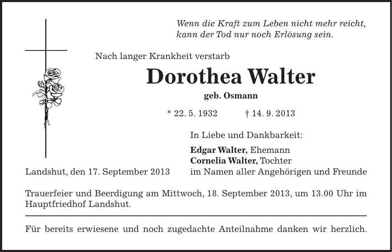 Traueranzeige Dorothea Walter