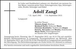 Traueranzeige Adolf Zangl
