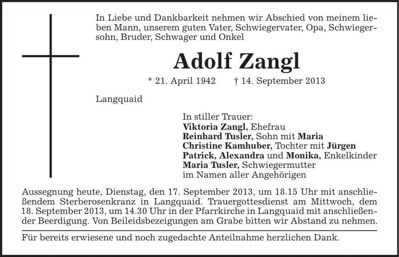 Traueranzeige Adolf Zangl