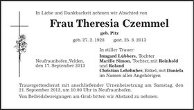 Traueranzeige Theresia Czemmel