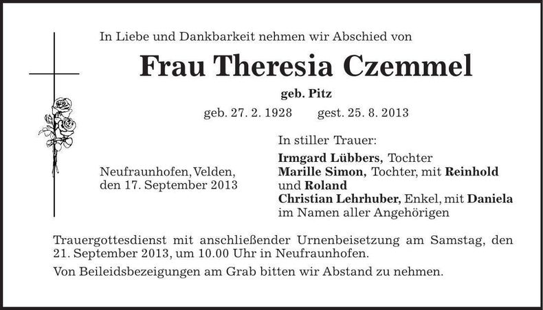Traueranzeige Theresia Czemmel