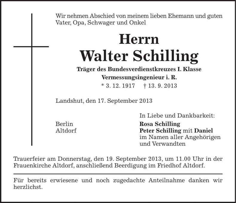 Traueranzeige Walter Schilling