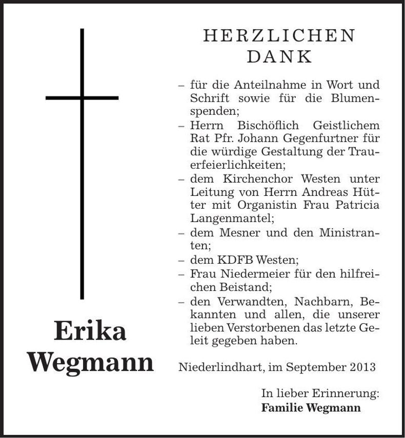Traueranzeige Erika Wegmann