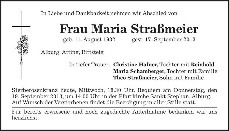 Traueranzeige Maria Straßmeier